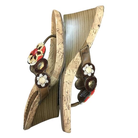 Unlisted Orange Brown Tan beaded Top with Bling cork sandals 7.5M 3 inch wedge - Picture 9 of 16